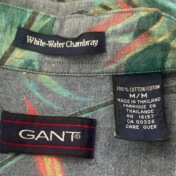 GANT White Water Chambray Short Sleeve Shirt Floral 100% Cotton Blue Size Medium - Picture 10 of 13